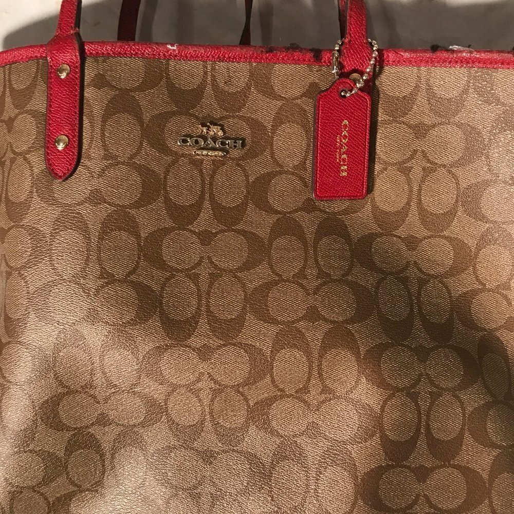 Vintage COACH Genuine Leather Women Brown Red Hand Shoulder Bag Purse - Picture 3 of 10
